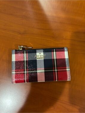 kate spade Red, Black and Cream Plaid Zip Card Wallet